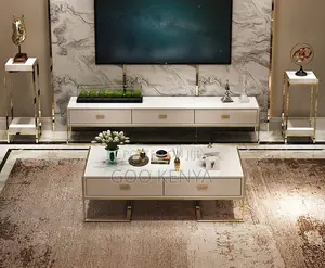 Home Table; Gold Frame Coffee Table & Sideboard With Elegant Glass Top