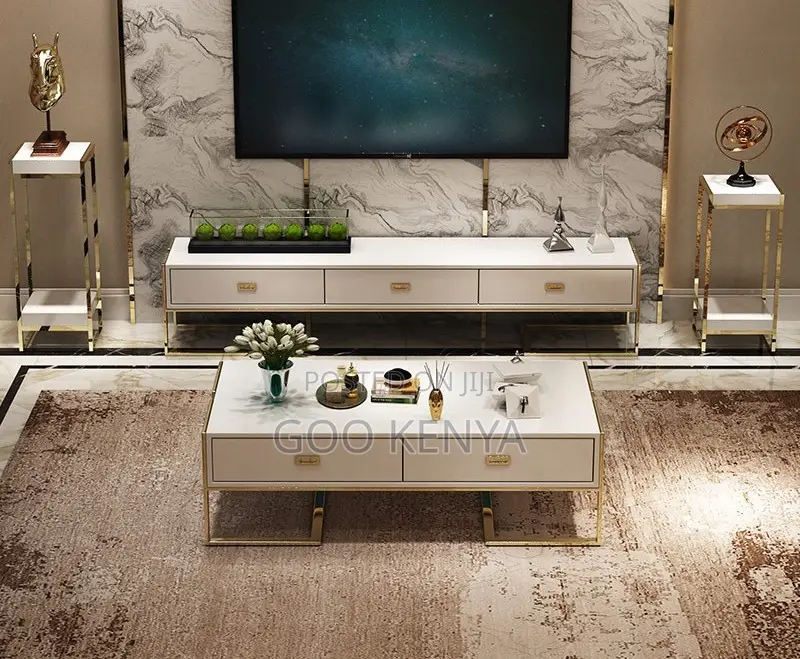 Home Table; Gold Frame Coffee Table & Sideboard With Elegant Glass Top