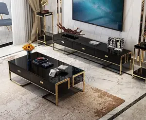 Home Table; Gold Frame Coffee Table & Sideboard With Elegant Glass Top