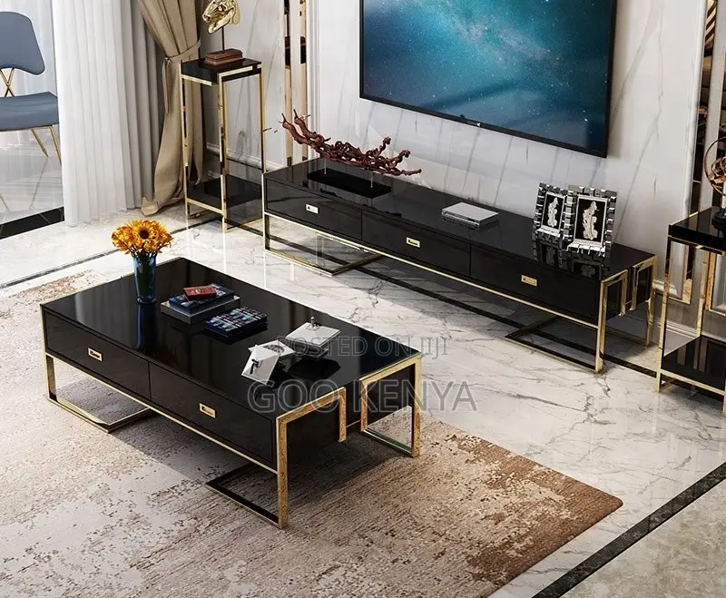 Home Table; Gold Frame Coffee Table & Sideboard With Elegant Glass Top