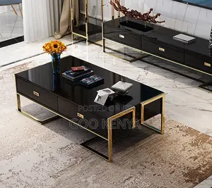 Home Table; Gold Frame Coffee Table & Sideboard With Elegant Glass Top