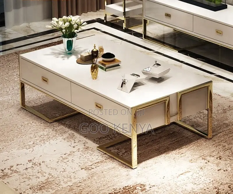 Home Table; Gold Frame Coffee Table & Sideboard With Elegant Glass Top