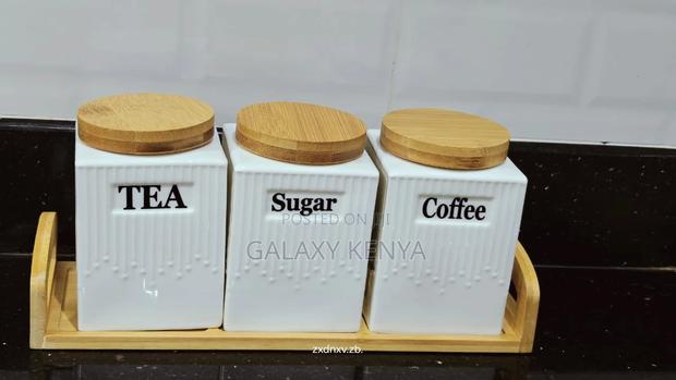 3pcs Ceramic Canisters Set With Bamboo Stand