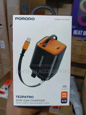 Porodo 30w Gan Charger With Usb-C Retractable Cable