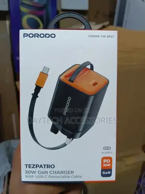 Porodo 30w Gan Charger With Usb-C Retractable Cable