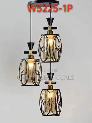 Black Metal and Glass Three-Light Pendant Fixture
