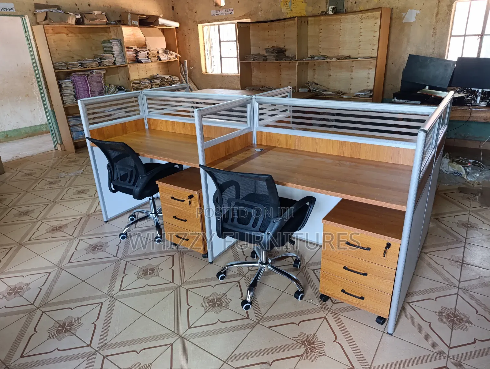 Brown Four-People Office Working Station