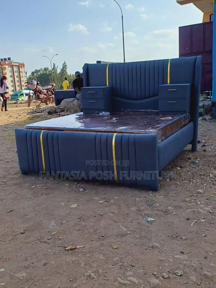 5x6 Dark Blue Chester Bed + 2 Side Boxes + Mattress - Pay on Delivery
