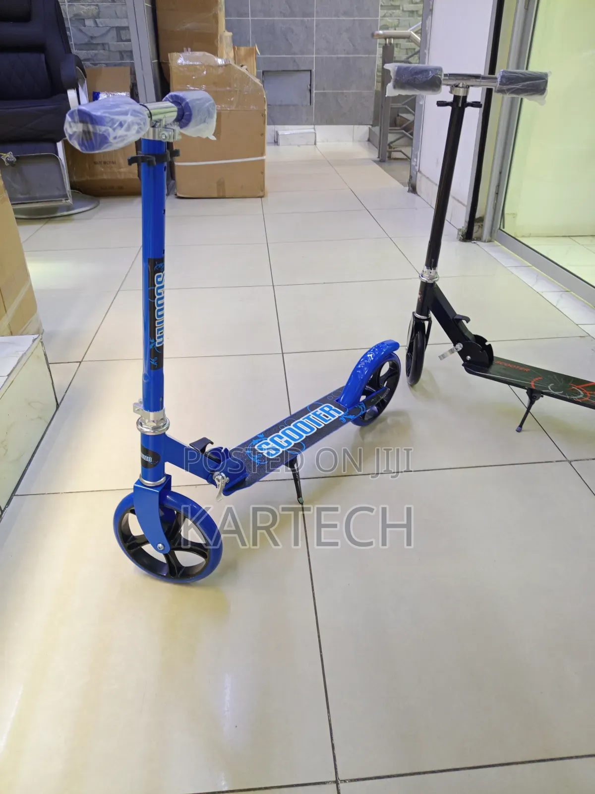 Blue Folding Kick Scooter With Stand