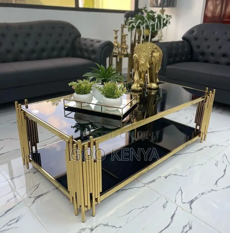 Home Table; Rectangular Tempered Glass Coffee Table With Gold Legs