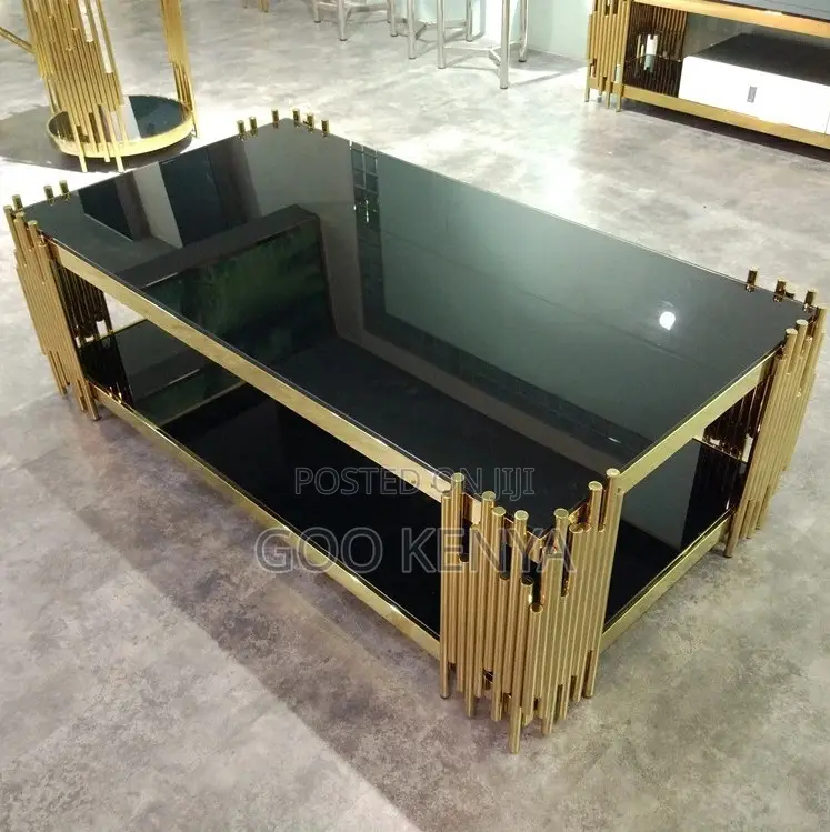 Home Table; Rectangular Tempered Glass Coffee Table With Gold Legs