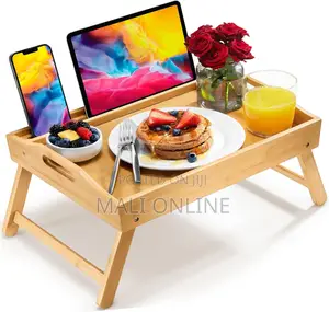 Bamboo Bed Tray Table With Folding Leg Laptop Holder Handles Breakfast