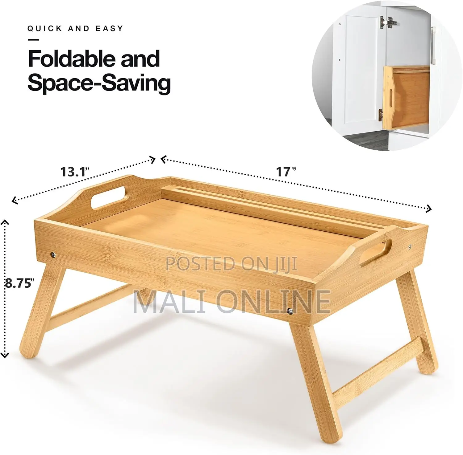 Bamboo Bed Tray Table With Folding Leg Laptop Holder Handles Breakfast