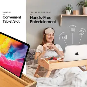 Bamboo Bed Tray Table With Folding Leg Laptop Holder Handles Breakfast