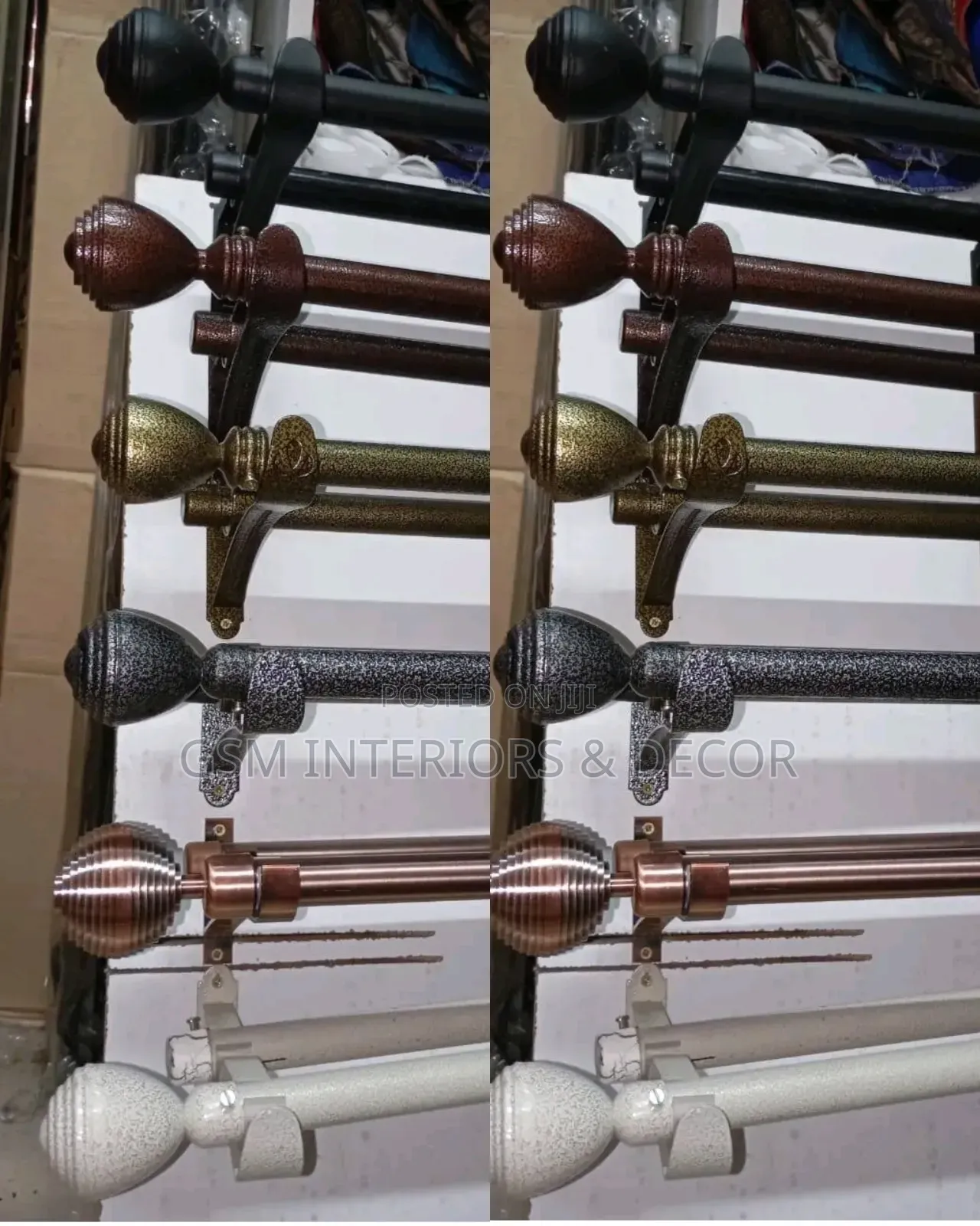 Jua Kali Curtain Rods in Antic, Copper, Silver and Brass