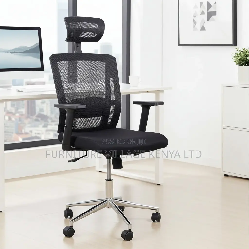 Black Mesh Office Chair ~ Ergonomic Headrest With Chrome Base