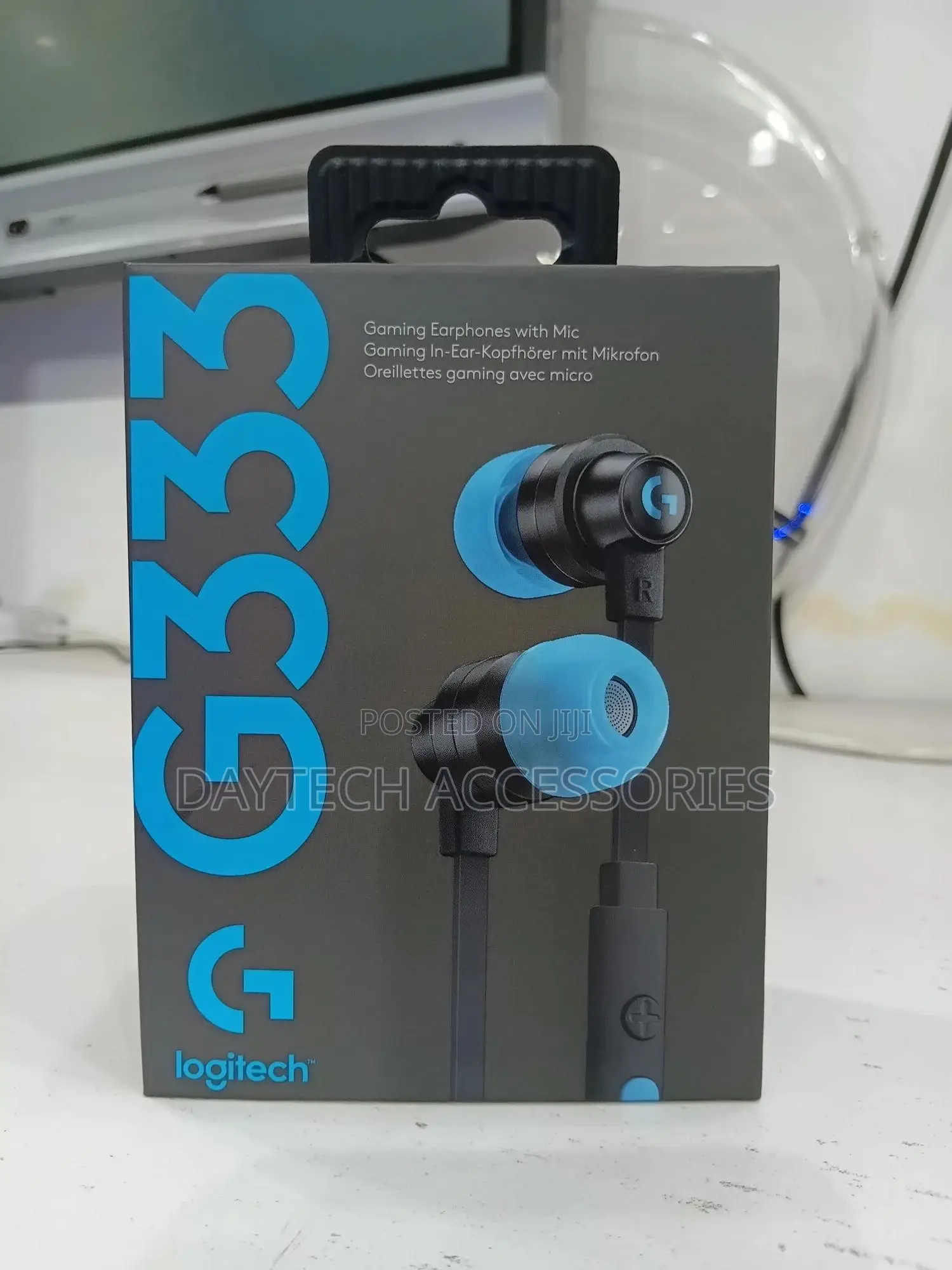 Logitech G333 Gaming Earphones in Black and Blue.