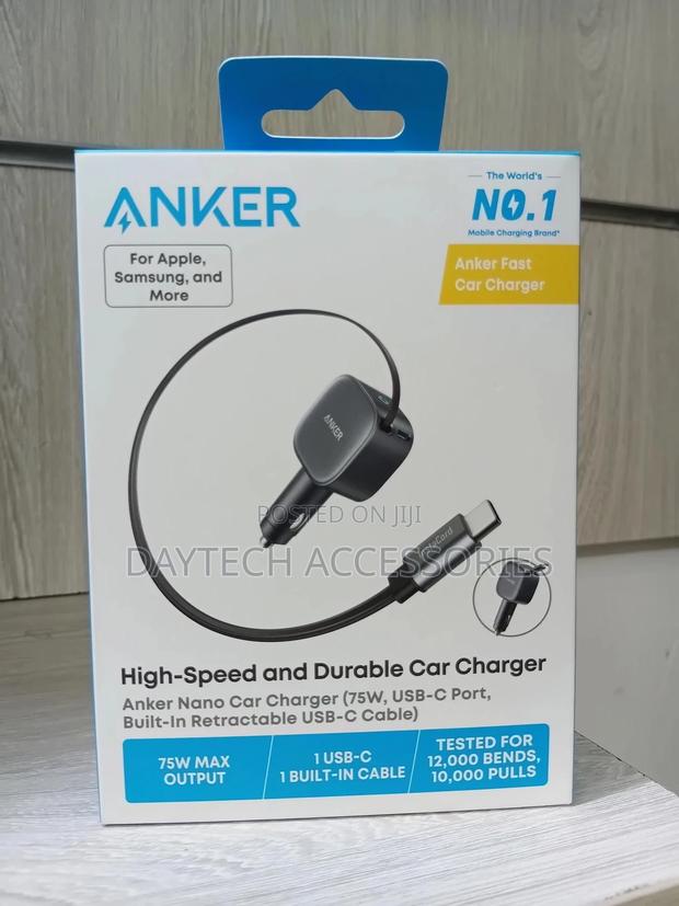 Anker Car Charger (75w, Usb-C Port, Built-in Retractable Usb-C Cable)