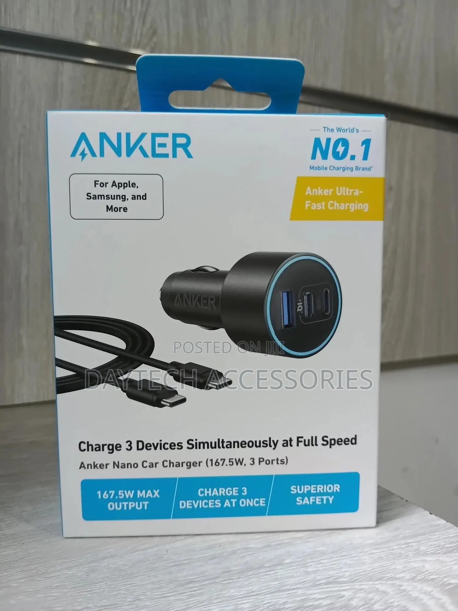 Anker Nano Car Charger 167.5w, 3 Ports - Black