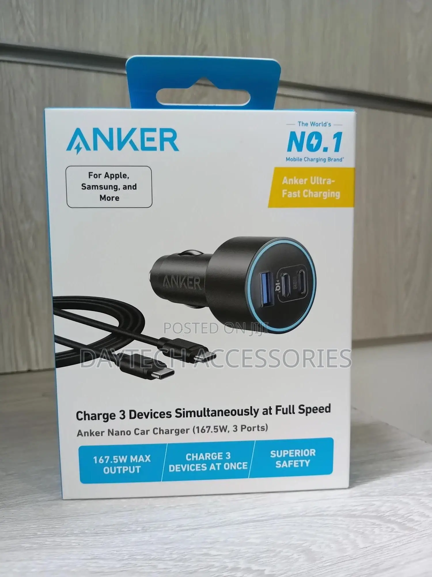 Anker Nano Car Charger 167.5w, 3 Ports - Black