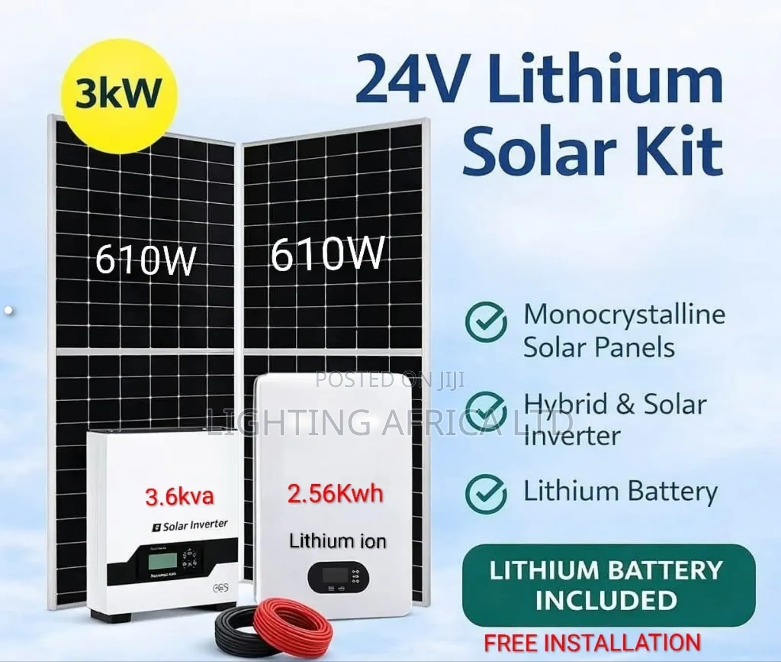 3.6kw Inverter - 2.56kwh Lithium -(2)625w Solar Free Installation