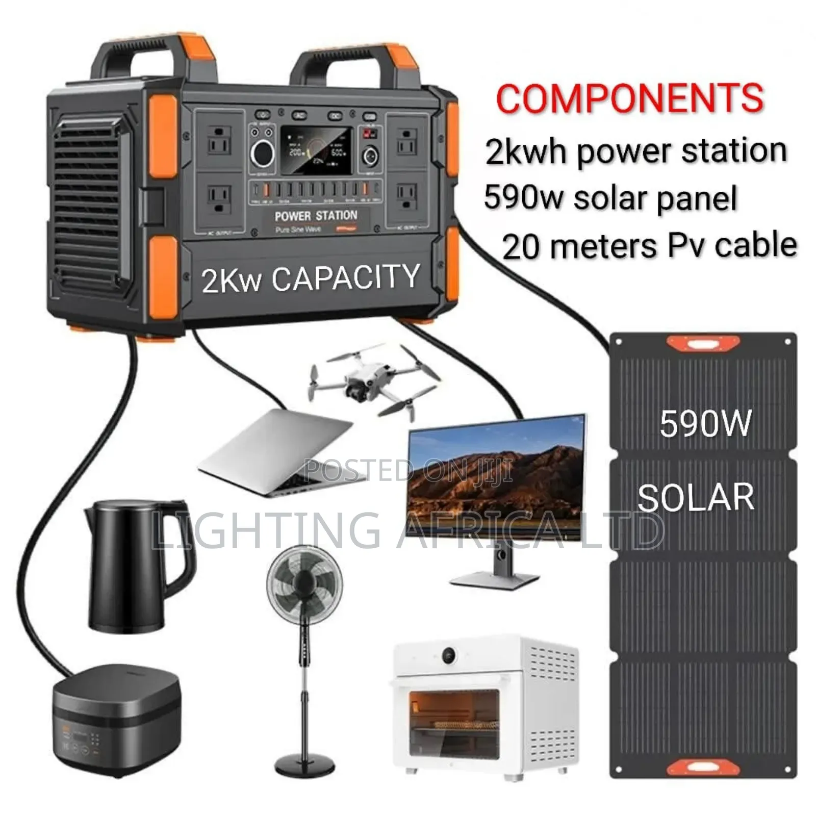 2kw Portable Power Station - 590w Solar Panel - 20 Meters Solar Cable