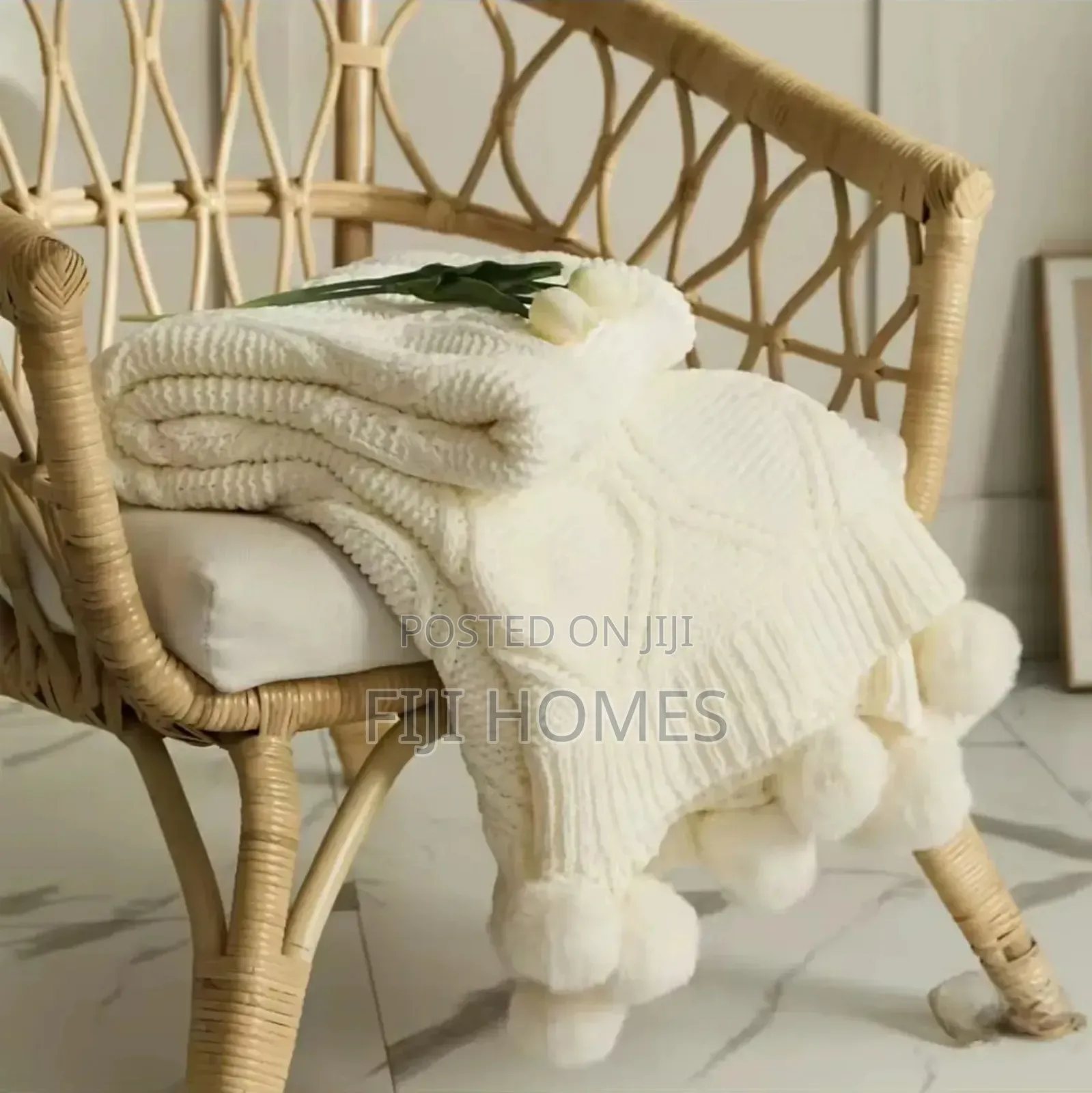 Nordic Cotton Knitted Throw Blanket With Tassel Ends - 127 Cm × 172 Cm