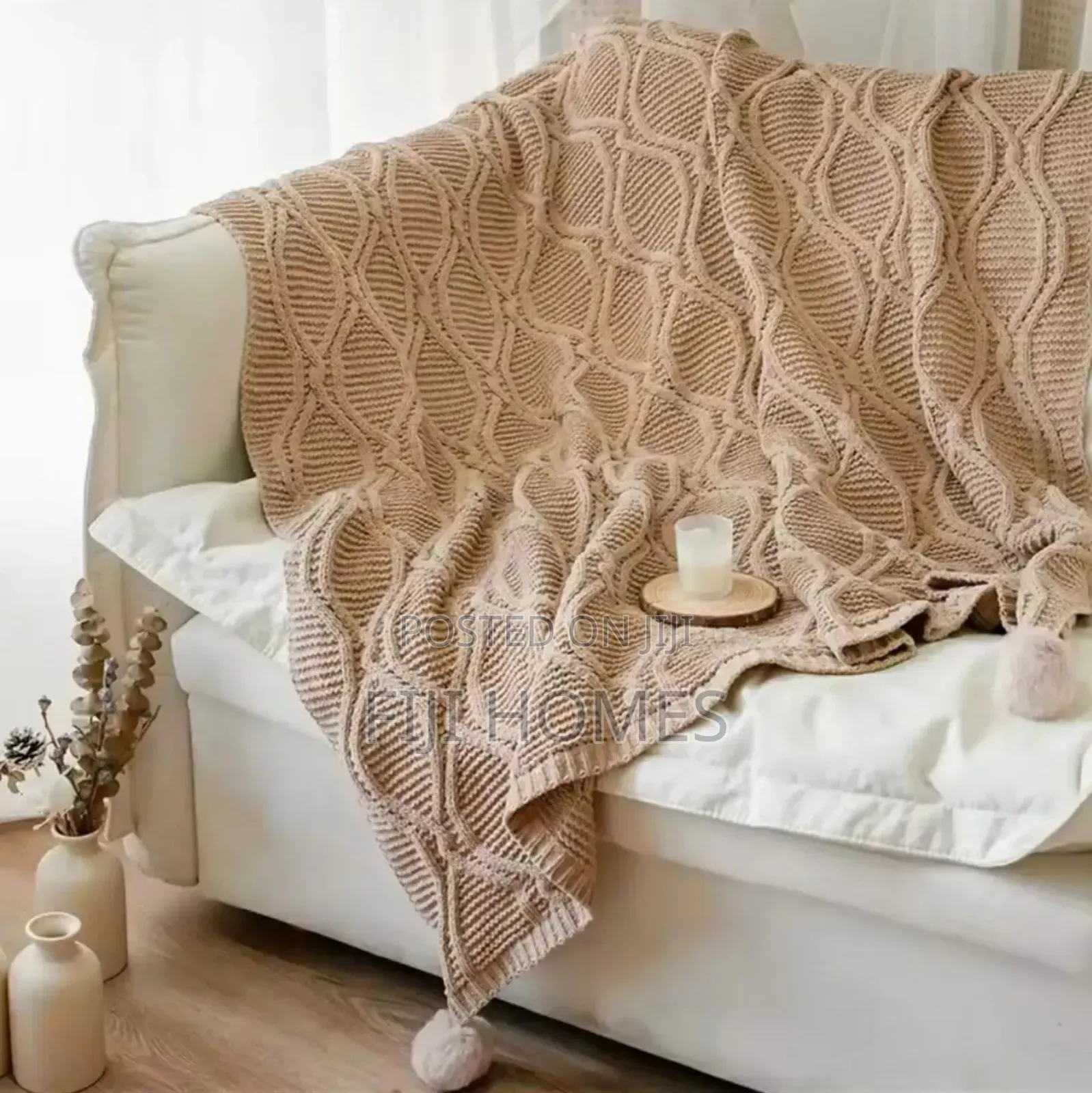 Nordic Cotton Knitted Throw Blanket With Tassel Ends - 127 Cm × 172 Cm
