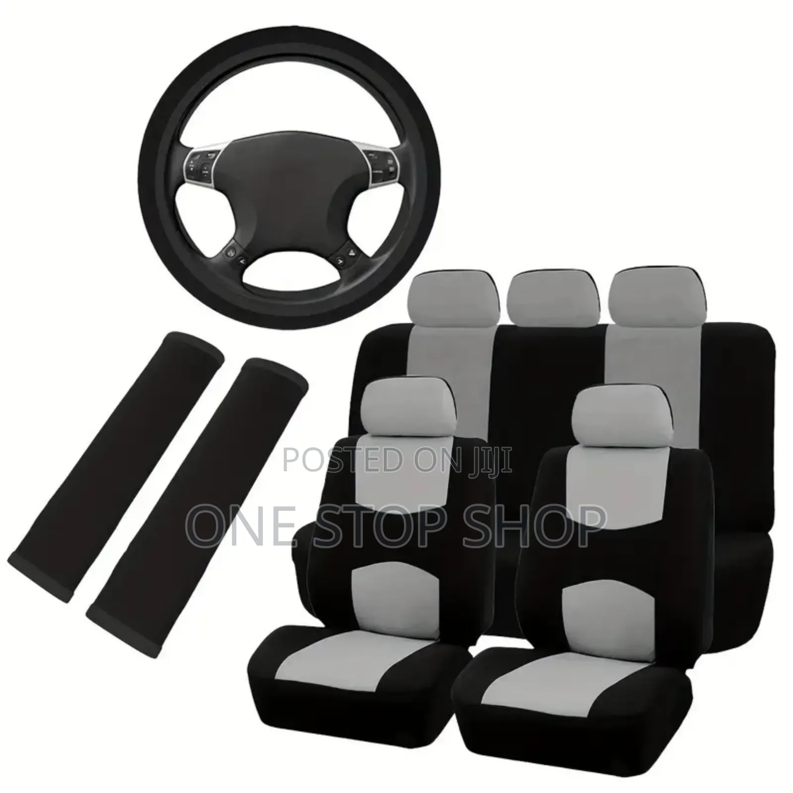 Grey Black Car Seat Covers Cloth Universal Fit+Steering Wheel Cover