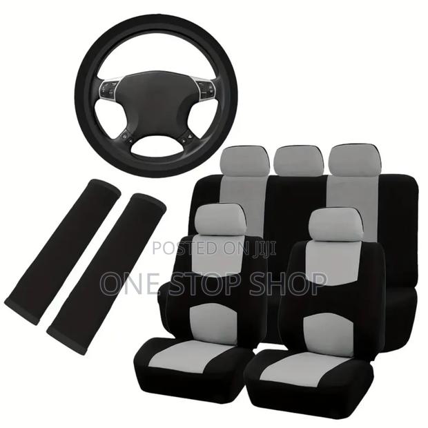 Grey Black Car Seat Covers Cloth Universal Fit+Steering Wheel Cover