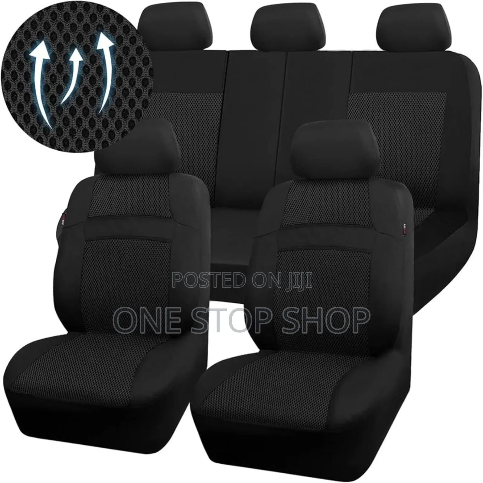 Black Plain Cloth Fabric 5 Seat Covers With Steering Wheel Cover