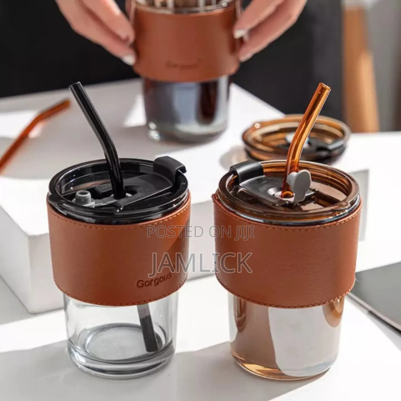 Gorgeous Slub Glass Smoothie Cup With Straw Leather Cover - Zy