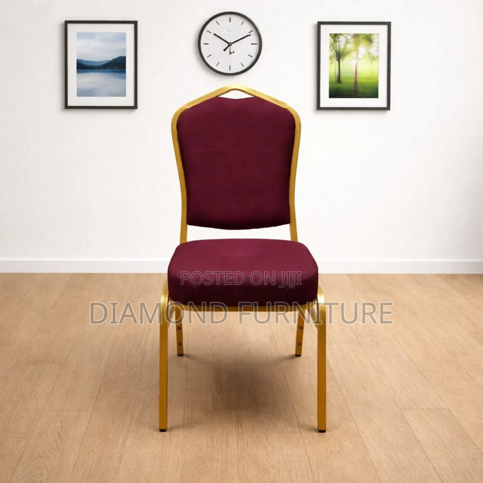 Stackable Banquet Conference Chair Red Fabric With Gold Frame.