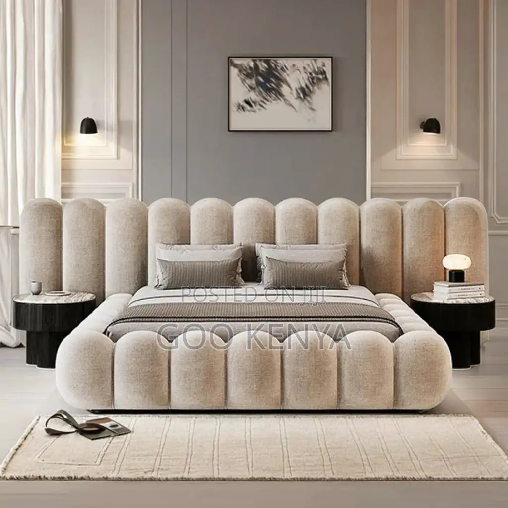 Home Bed; Queen Size Fabric Bed Frame With Cushioned Headboard