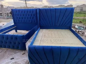 Navy Blue Button-Tufted Bed