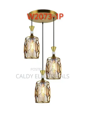 Gold-Colored Metal and Glass Three-Light Cluster Pendant Light Ge2q