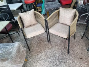 Metal Frame Garden/Balcony Chairs With Beige Comfort Cushions.