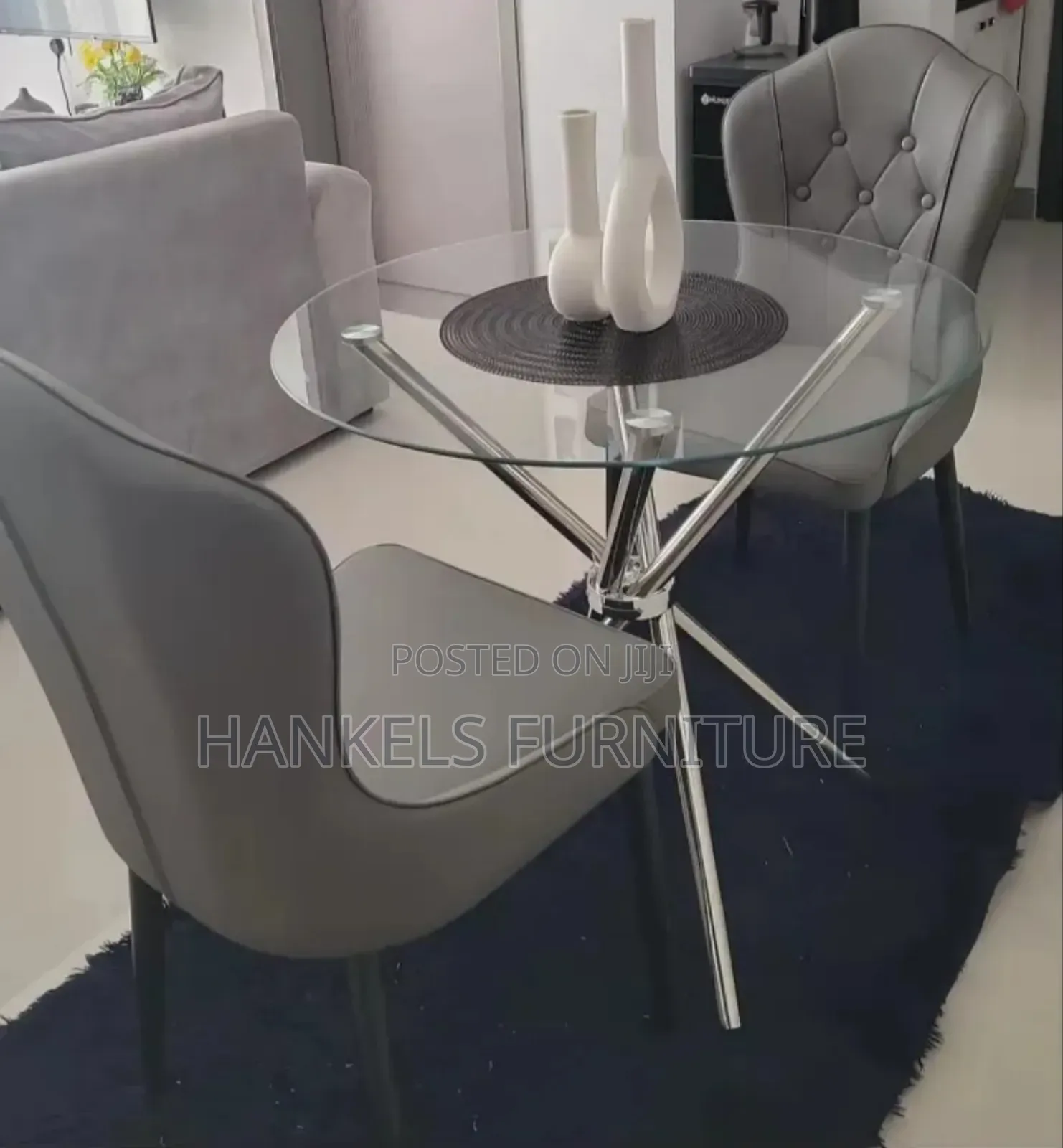 Stylish Round Glass Dining Set With Gray Chairs