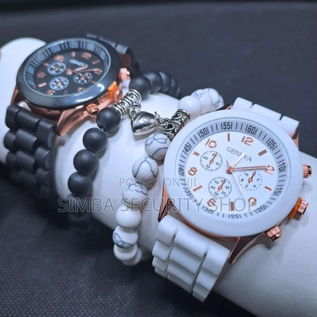 4 Piece Couples Geneva Two Watches Magnetic Heart Bracelet Gift Set