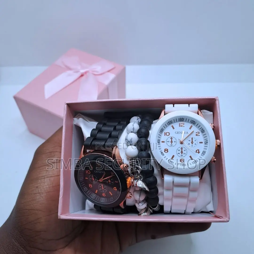 4 Piece Couples Geneva Two Watches Magnetic Heart Bracelet Gift Set