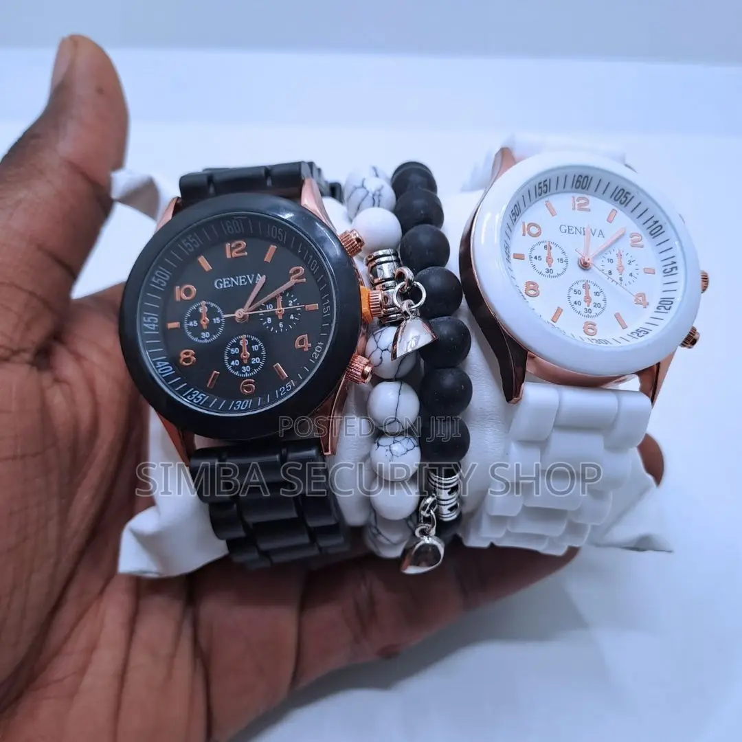 4 Piece Couples Geneva Two Watches Magnetic Heart Bracelet Gift Set