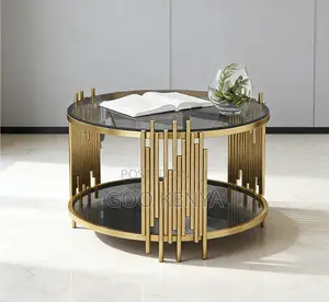 Home Table; Round Glass Table With Gold Frame For Coffee And Lounge