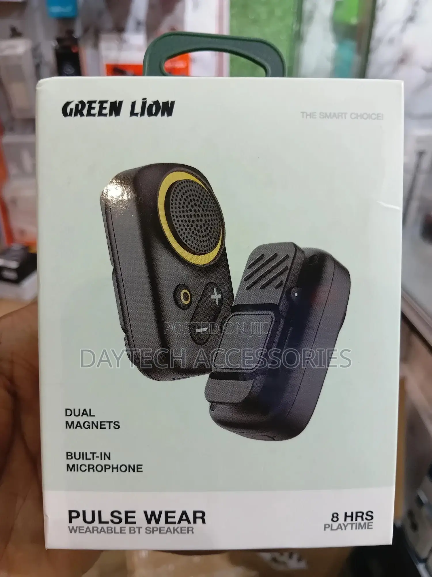 This Is a Green Lion Pulse Wear Wearable Bluetooth Speaker.