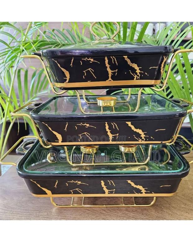 Black White 3pcs Ceramic Chaffing Dish Set *Comes With The Stand - thumbnail 2