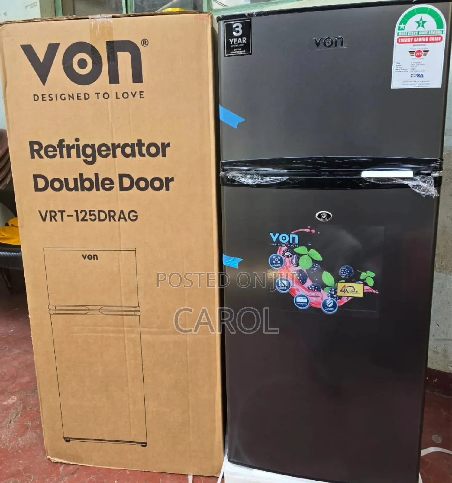 Von Double Door Fridge 125litres Direct Cool