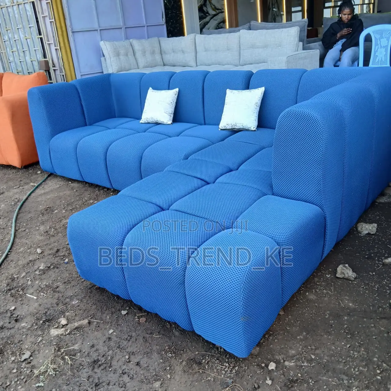 Blue Modern Fabric 6 Seater Bubble L Sofa