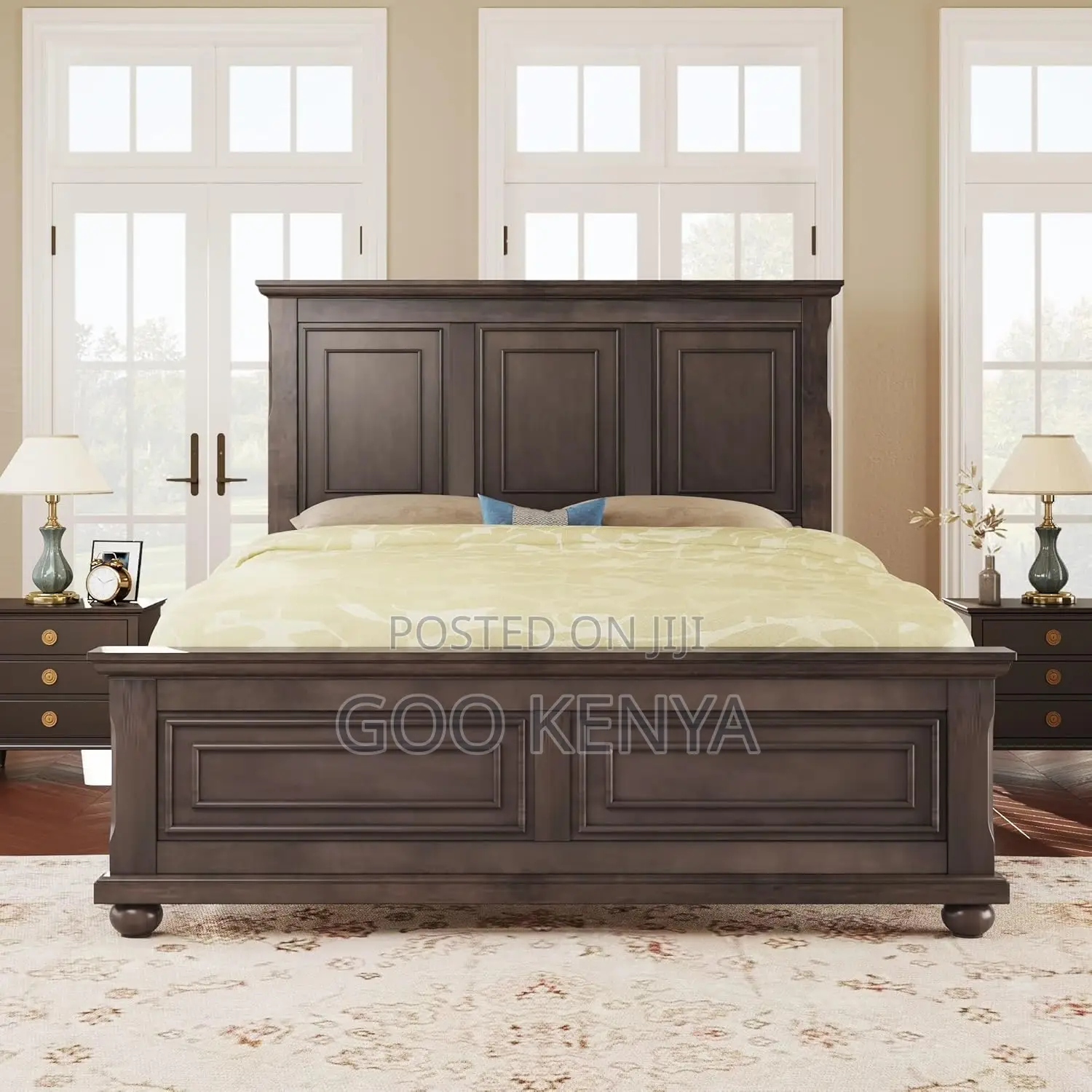 Home Bed; Mahogany Bed Frame With Two Storage Bedside For Bedroom