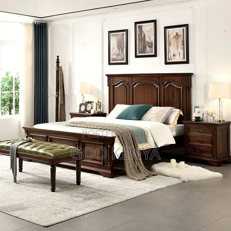 Home Bed; Mahogany Bed Frame With Two Storage Bedside For Bedroom