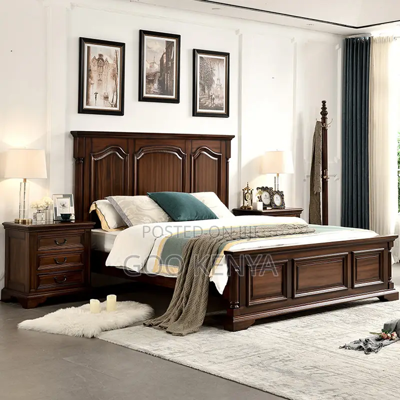 Home Bed; Mahogany Bed Frame With Two Storage Bedside For Bedroom