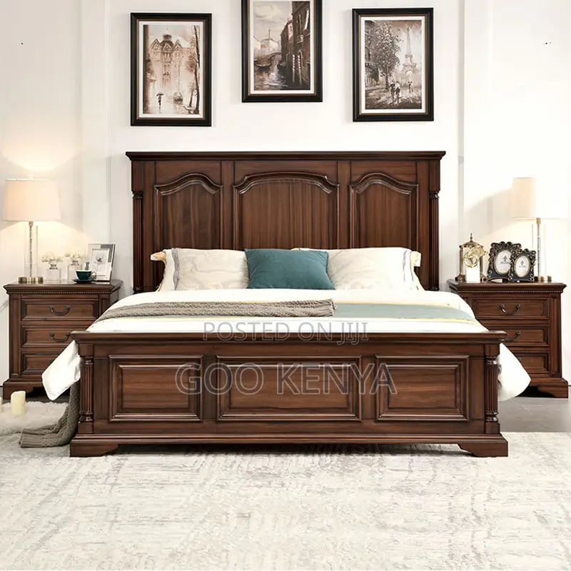 Home Bed; Mahogany Bed Frame With Two Storage Bedside For Bedroom